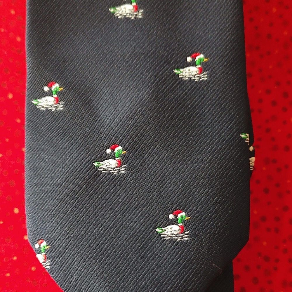 Elegant Navy Tie with Duck Wearing Santa Hat. Freshly Professionally Dry Cleaned